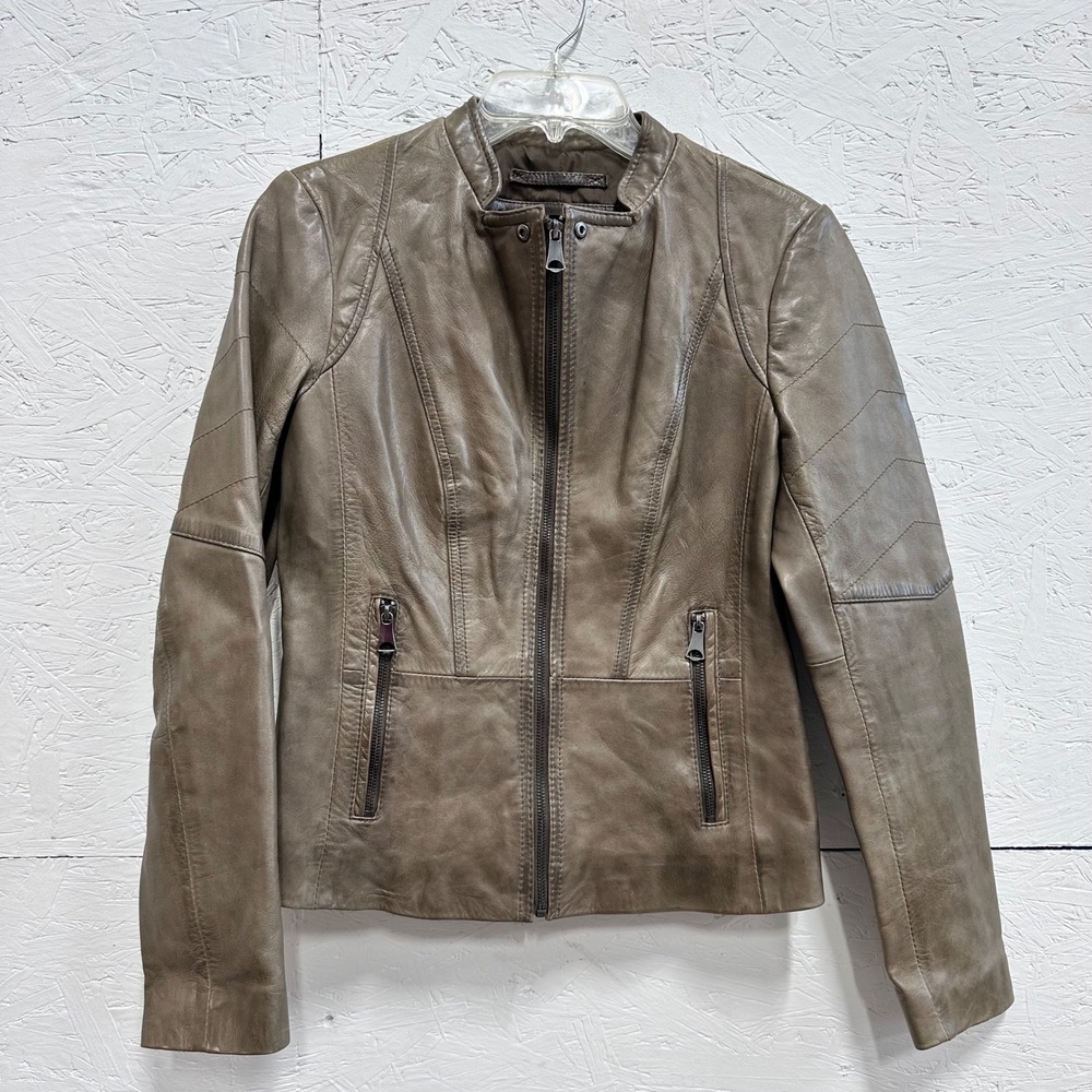 Marc New York M Slim Fit Short Leather Biker Jacket Olive Green Zip Moto Edgy